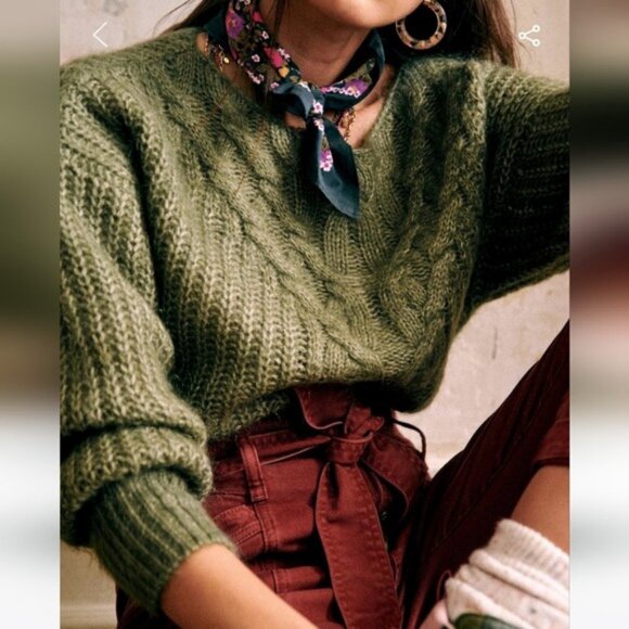 EUC Sezane Jules Cable Knit Mohair Wool Sweater Olive Green XS - Picture 2 of 8